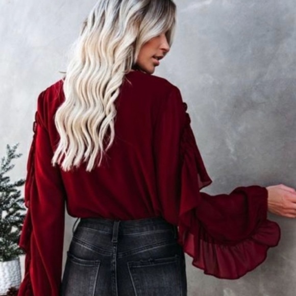 Vici ruffle drape bodysuit in maroon/burgundy/dark red. New with tags. - Picture 5 of 5